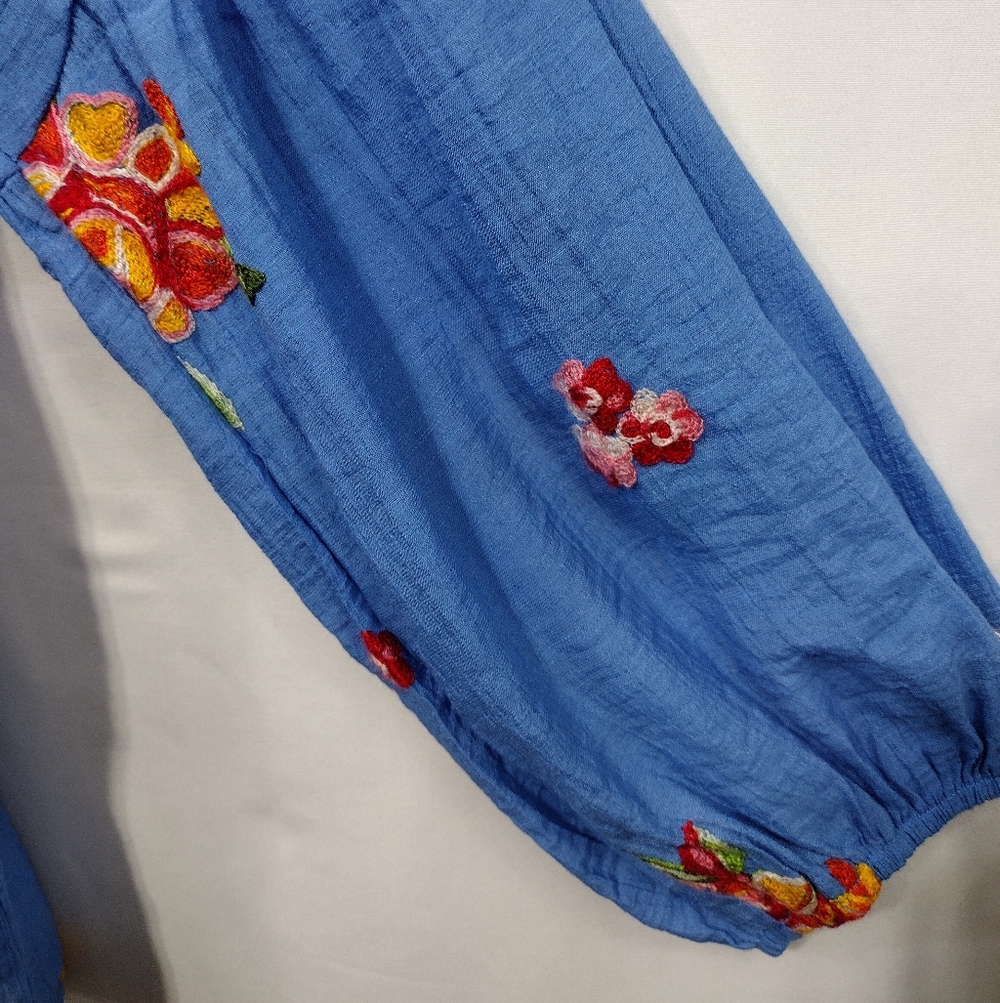 Figueroa & Flower Embroidered Papaya Floral Gauze Blouse Womens M Blue Artsy - Picture 4 of 10